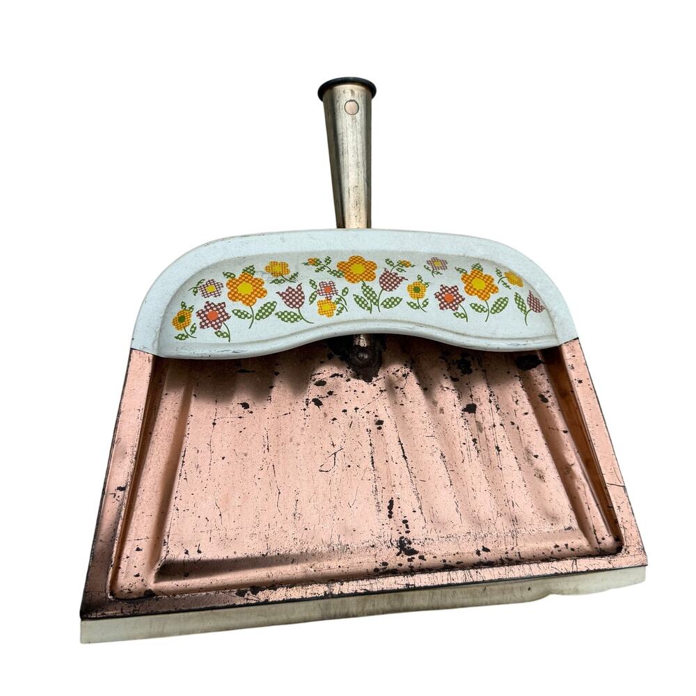 Vintage JV REED Metal Dust Pan Copper Tone Cottage Core Rustic Farm Floral Print